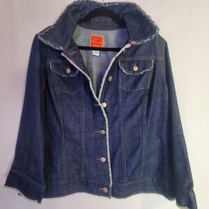 Issac Mizrahi Size XXL 2-pocket denim jacket, distressing & colorful stitching